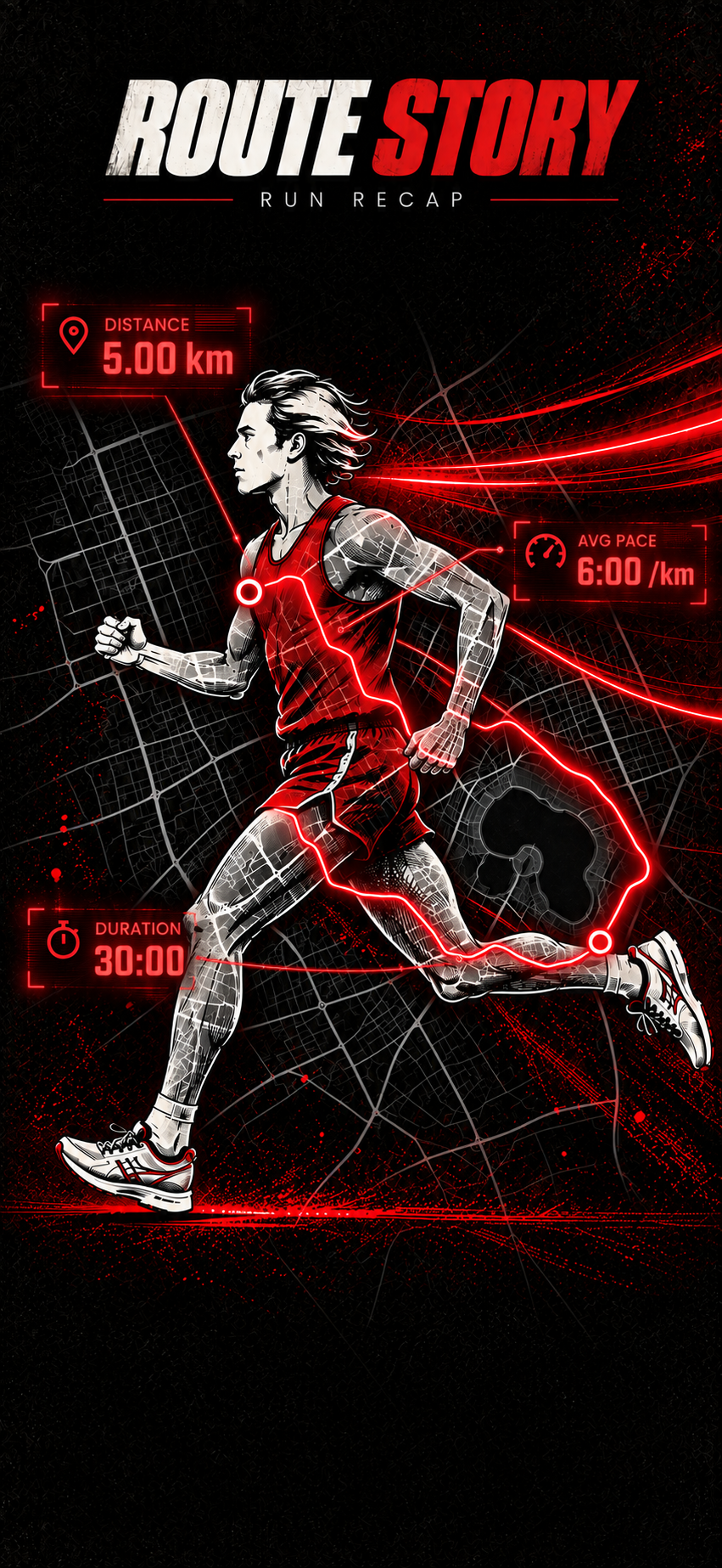 Route Story poster: an illustrated runner with route lines and red activity graphics on a distressed black background.